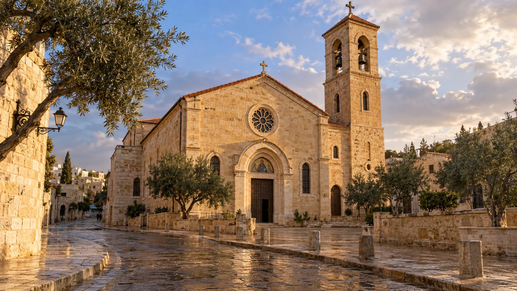 The stone Basilica of Saint George and its bell tower on a quiet street in Madaba, Jordan.
