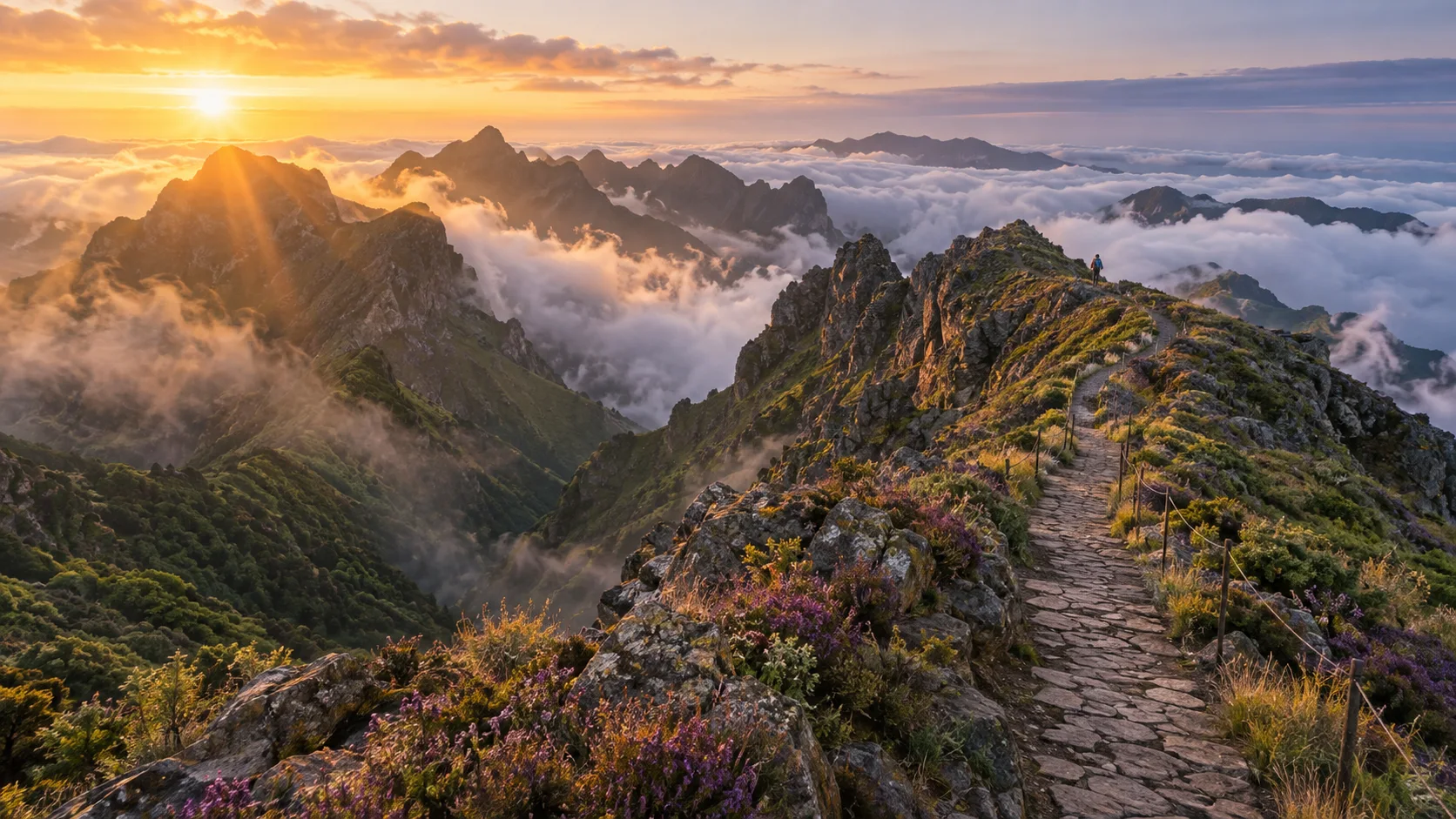 A mountain trail crossing Madeira's volcanic peaks above a sea of clouds.