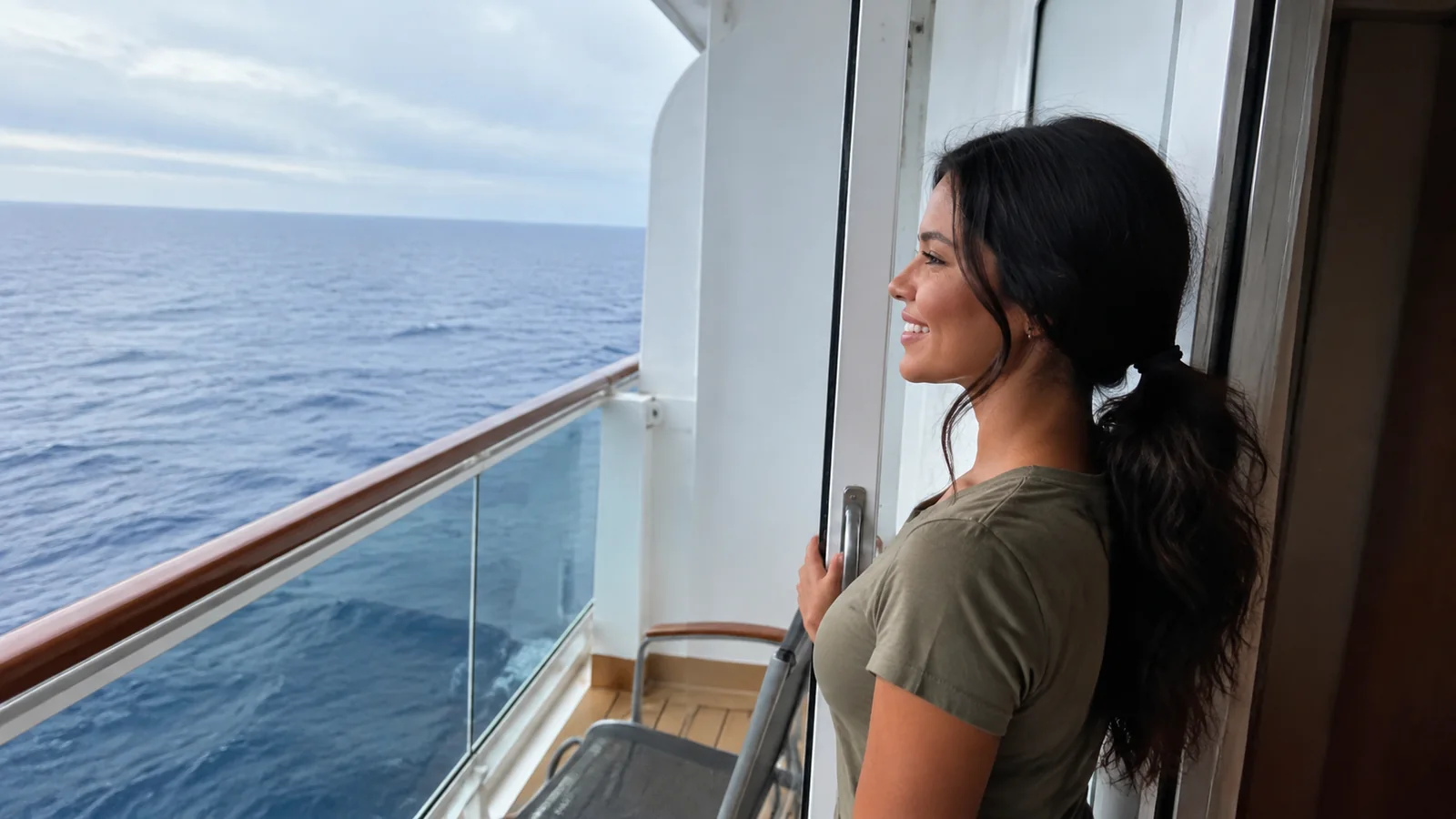 Passenger standing at an open balcony door overlooking the sea.