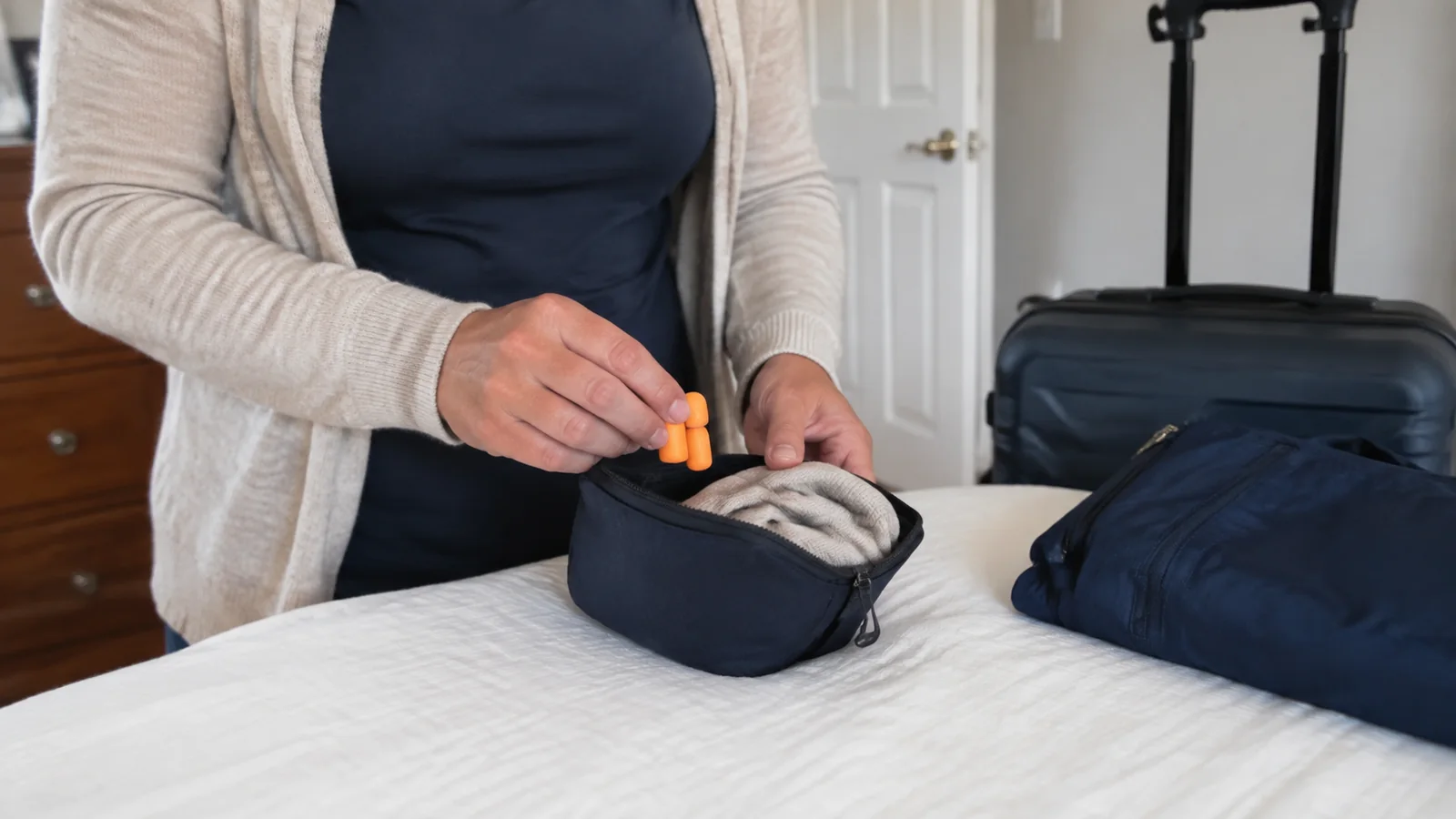 Traveler packing foam earplugs into a small zippered pouch.