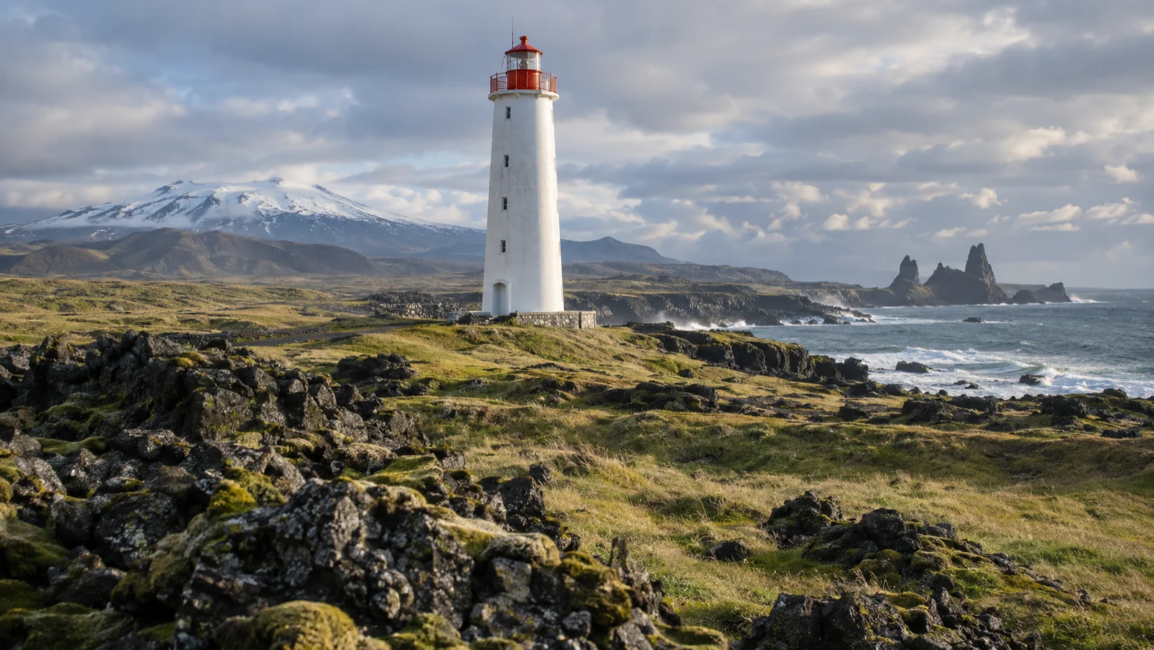 Malarrif Lighthouse among mossy lava with Snæfellsjökull and Lóndrangar in the distance.