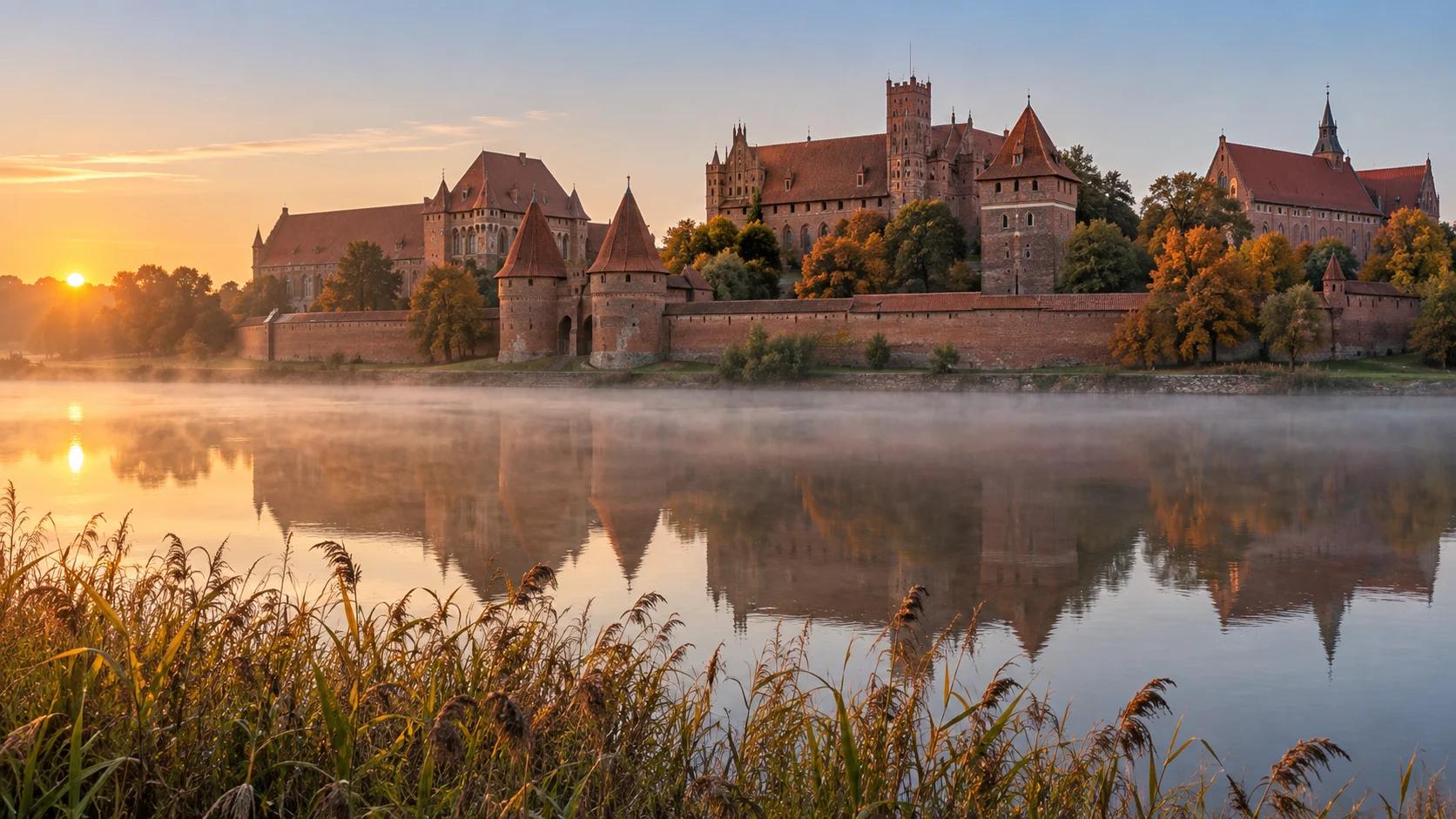 Red-brick Malbork Castle reflected in the misty Nogat River at sunrise