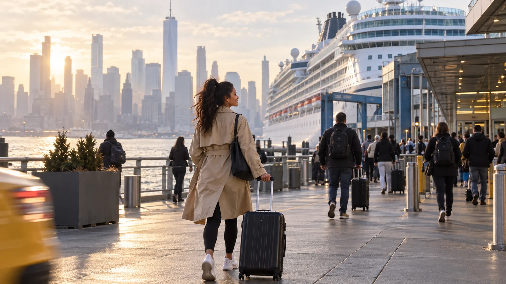 Ellie rolling a suitcase toward Manhattan Cruise Terminal with a ship and skyline beyond.
