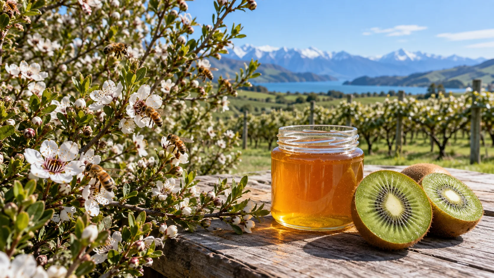 Flowering manuka, honeybees, amber honey and cut green kiwifruit