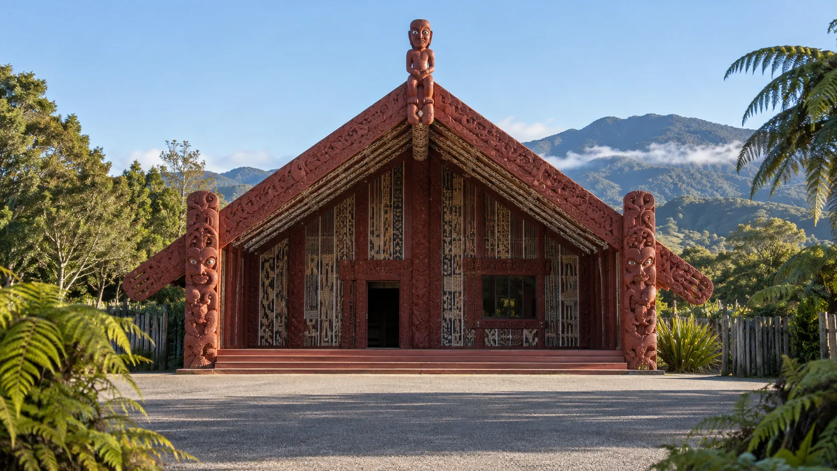 Carved red Maori wharenui meeting house framed by native ferns and North Island hills
