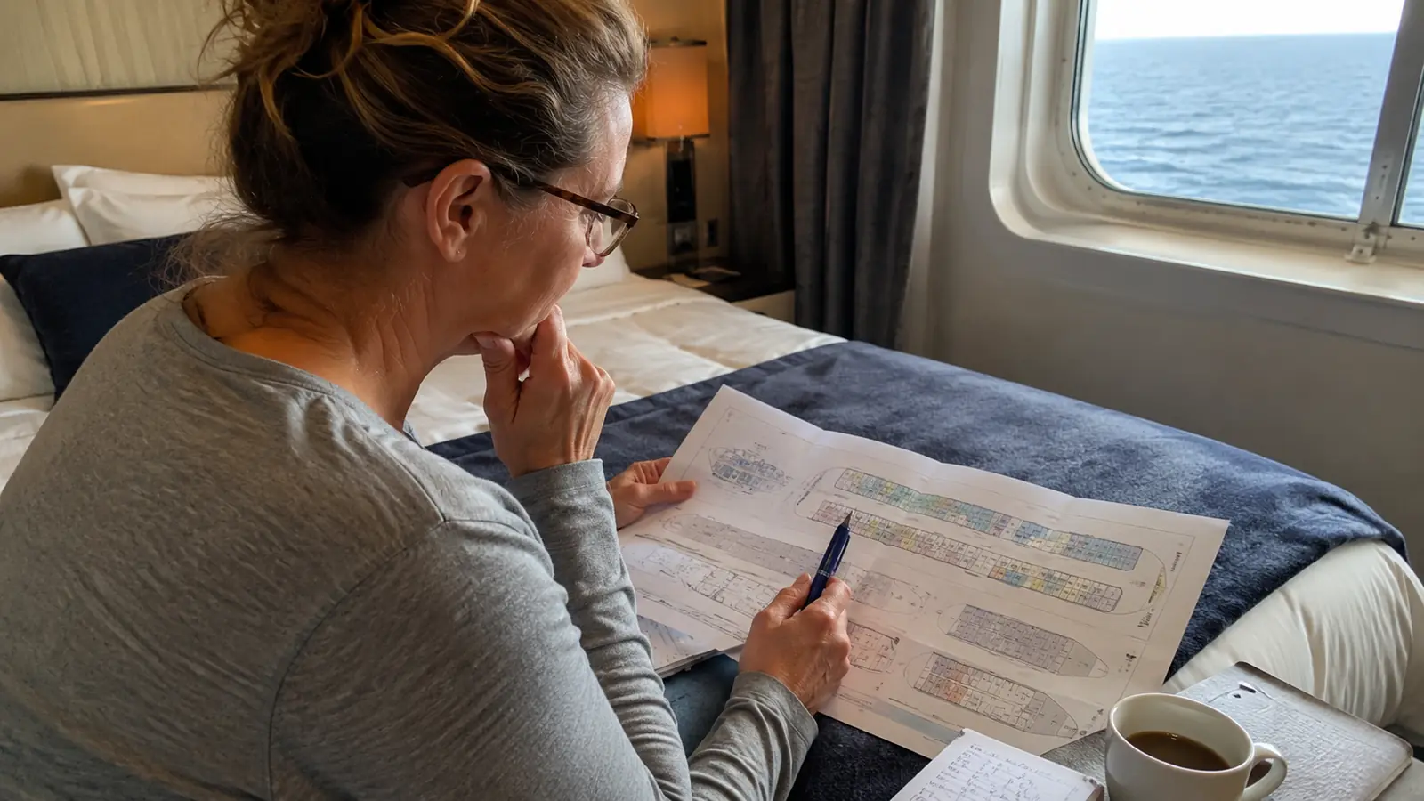 Woman reviewing a printed cruise ship deck plan beside a cabin window