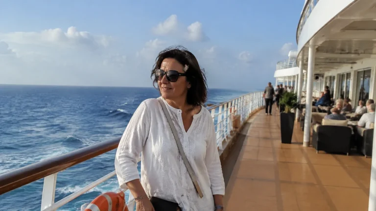 Woman in sunglasses stands beside the railing on an outdoor ship deck.