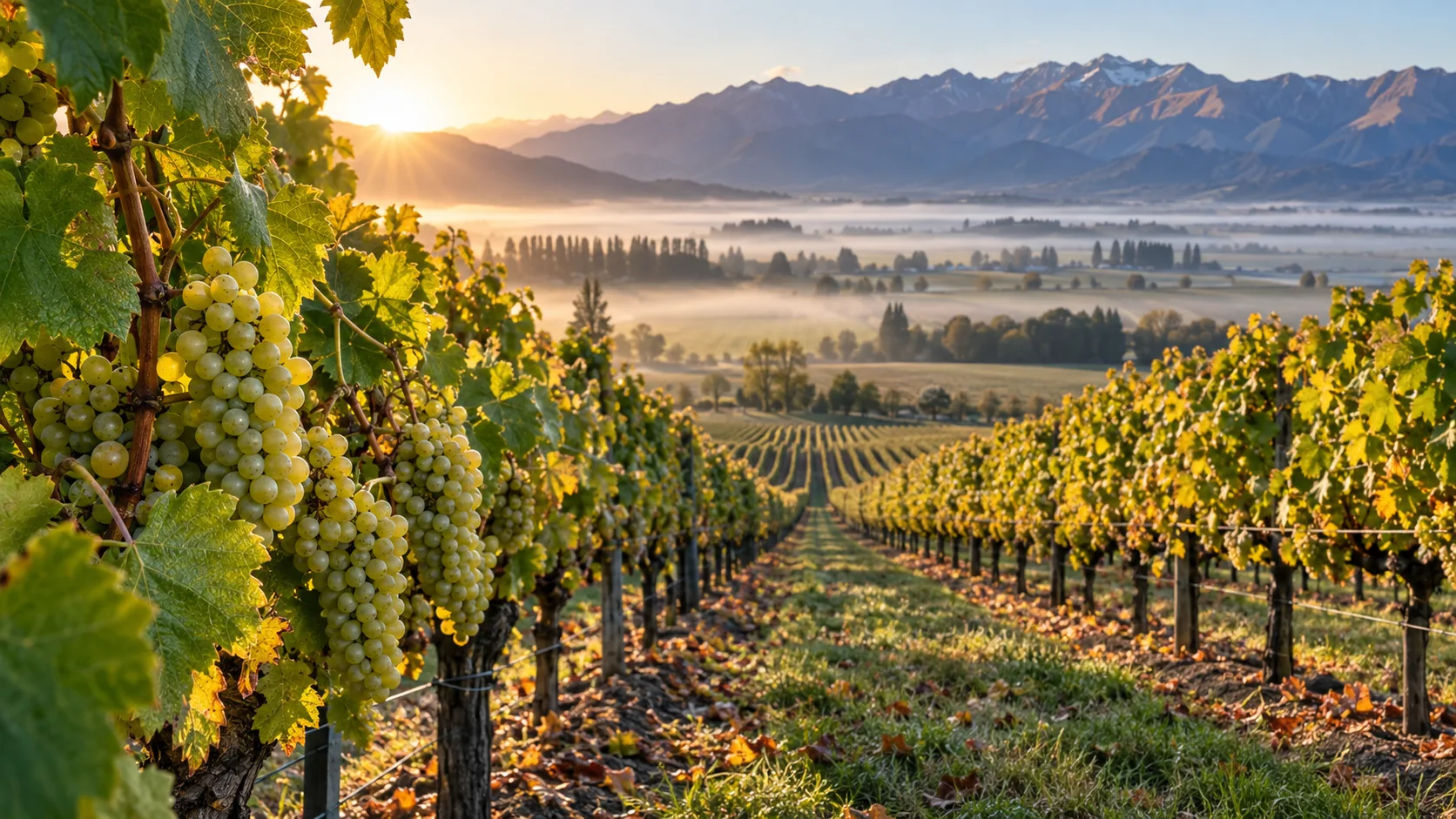 Sauvignon blanc grapes and vineyard rows across Marlborough's Wairau Valley