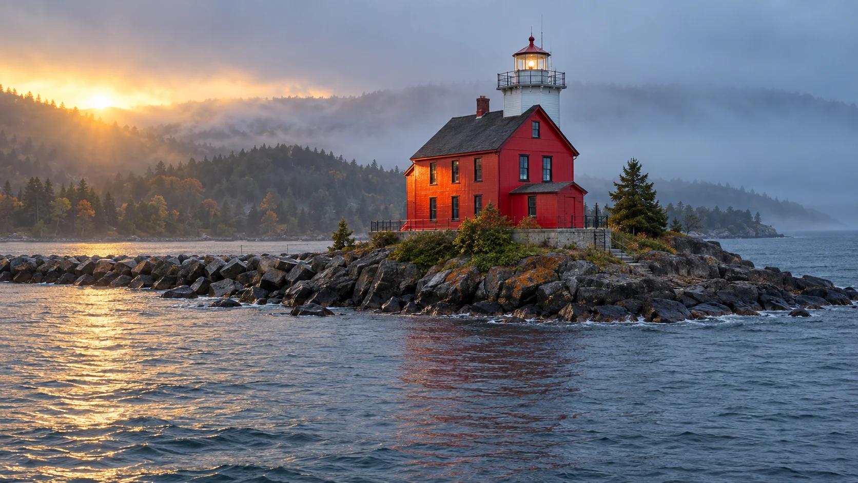The red Marquette Harbor Lighthouse catches sunrise light above a rocky Lake Superior point.