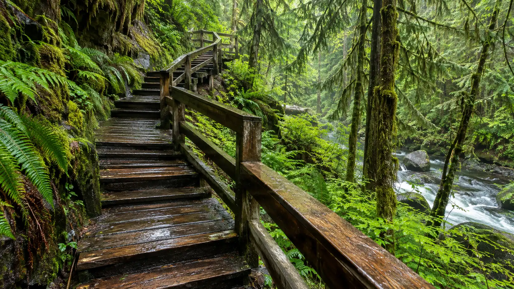Wet wooden steps winding through the lush rainforest on Married Man's Trail in Ketchikan