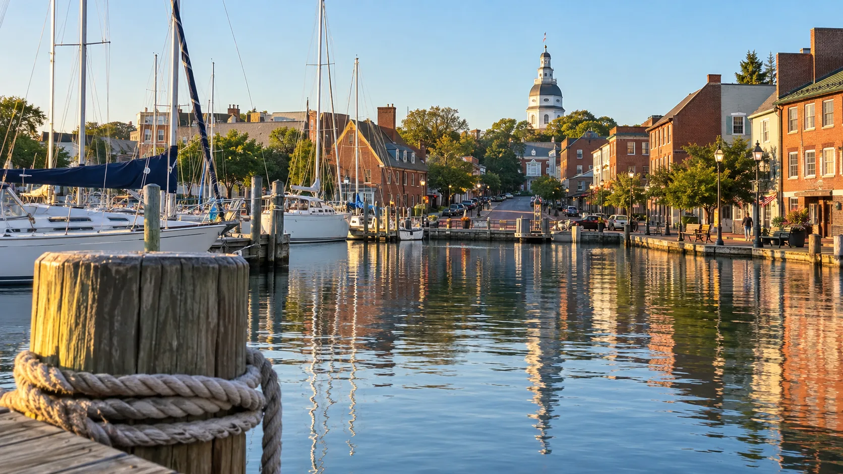 Sailboats at Annapolis City Dock below the Maryland State House