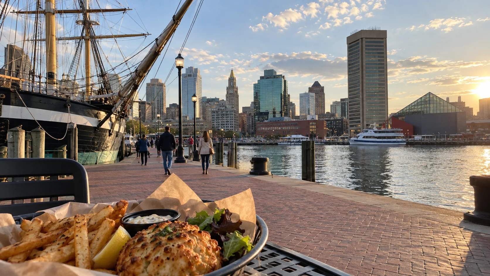 Baltimore's Inner Harbor, historic ship rigging, and waterfront skyline
