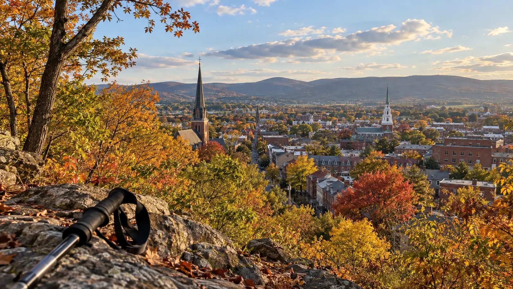 Historic Frederick and its church spires viewed from a Catoctin trail