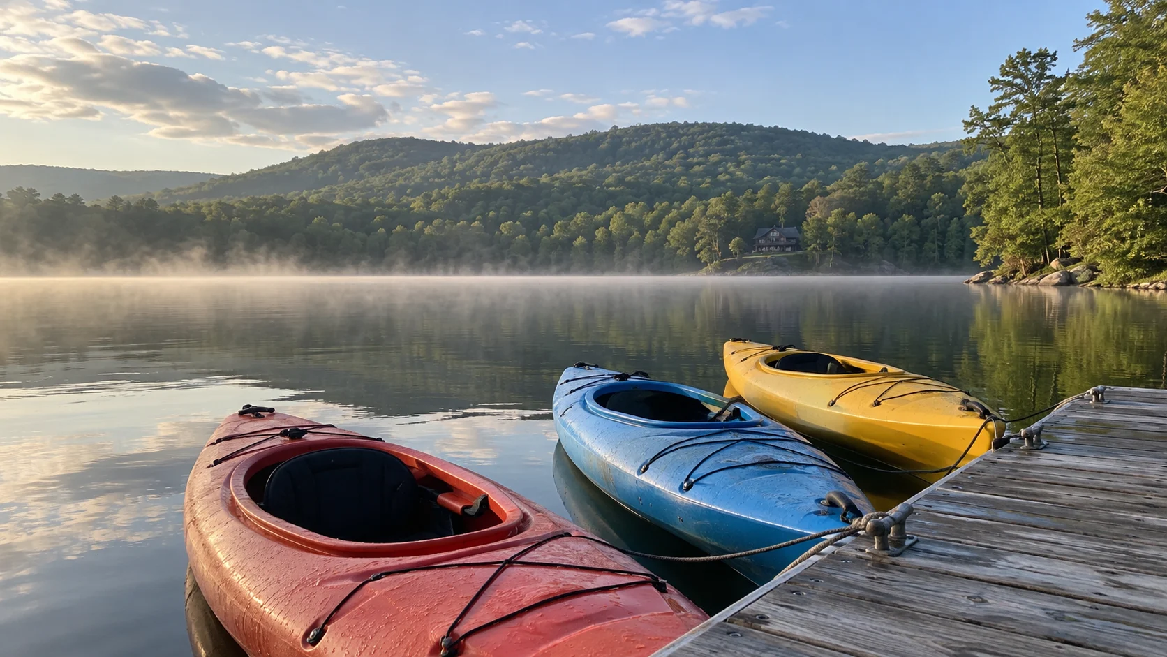 Kayaks on a misty dock at Deep Creek Lake in western Maryland