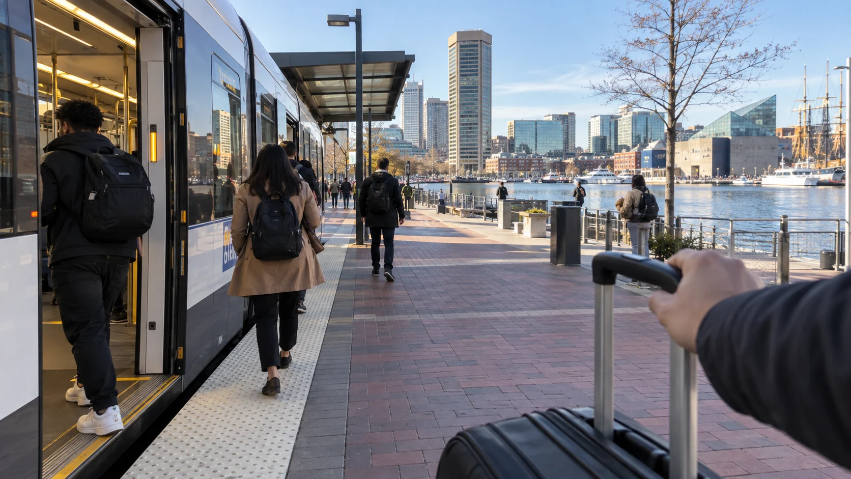 Transit arrival near Baltimore's downtown waterfront with a rolling suitcase