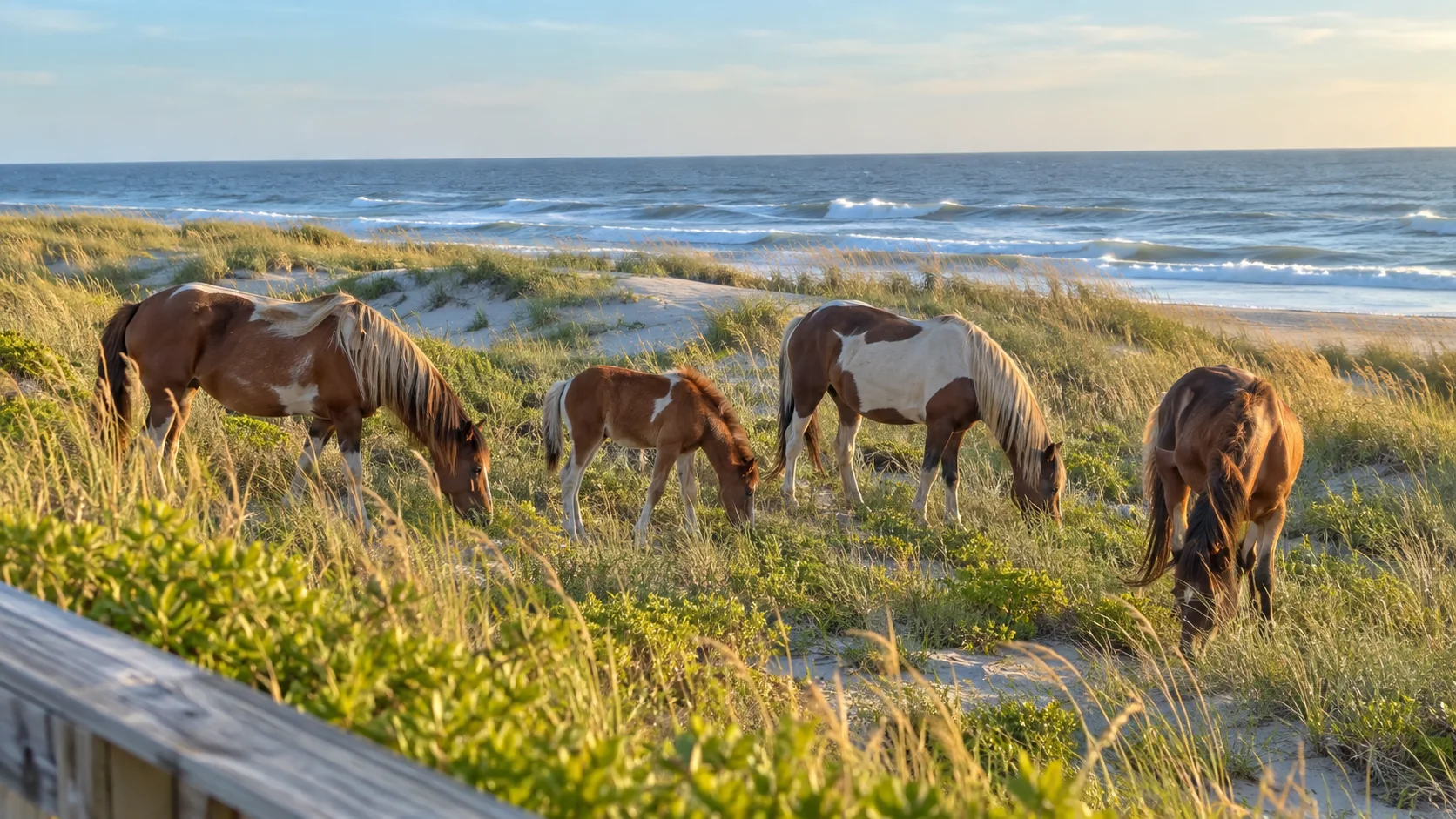 Wild horses grazing safely behind beach dunes on Assateague Island