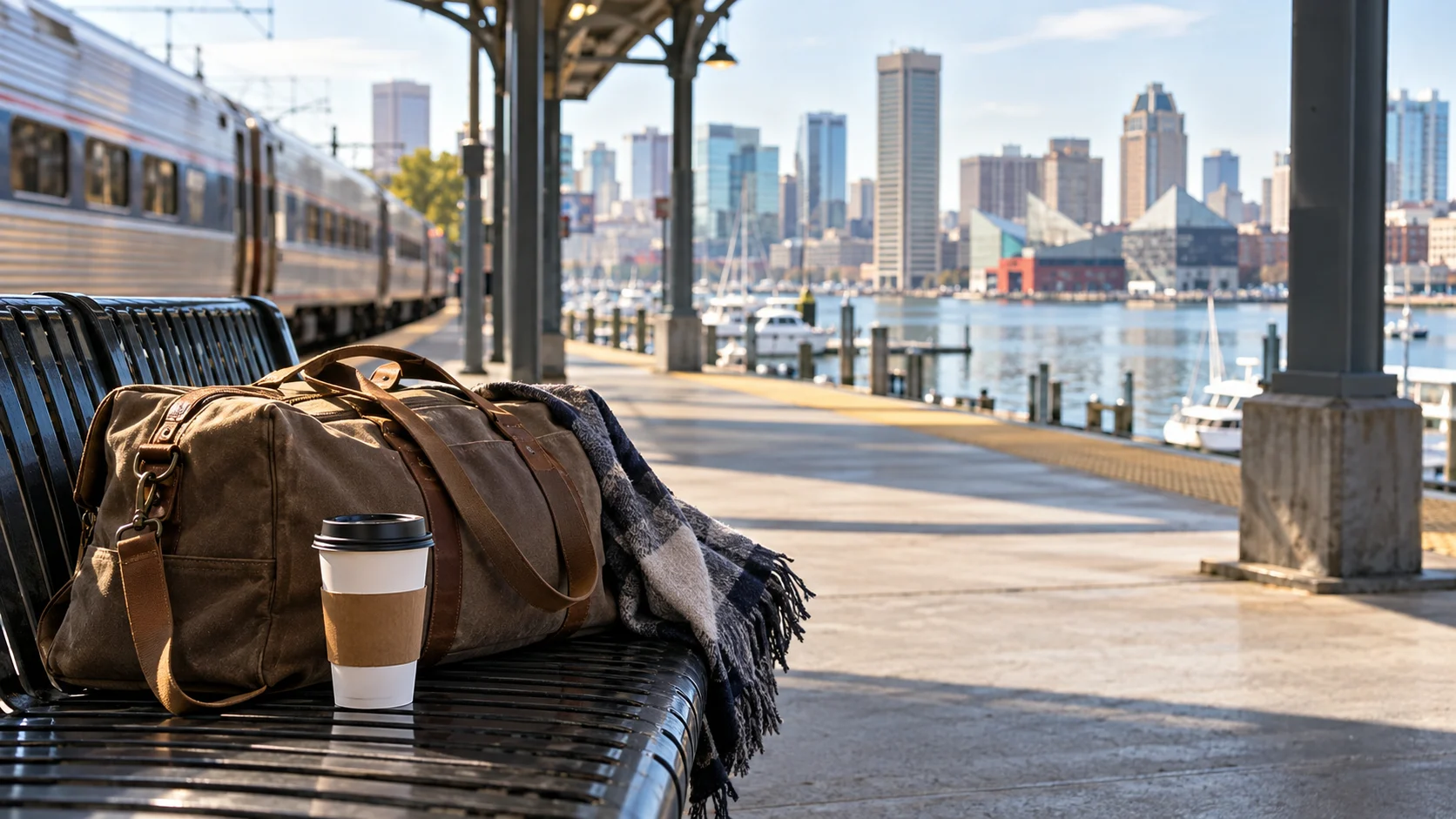 Overnight bag at a rail station before a Baltimore city escape