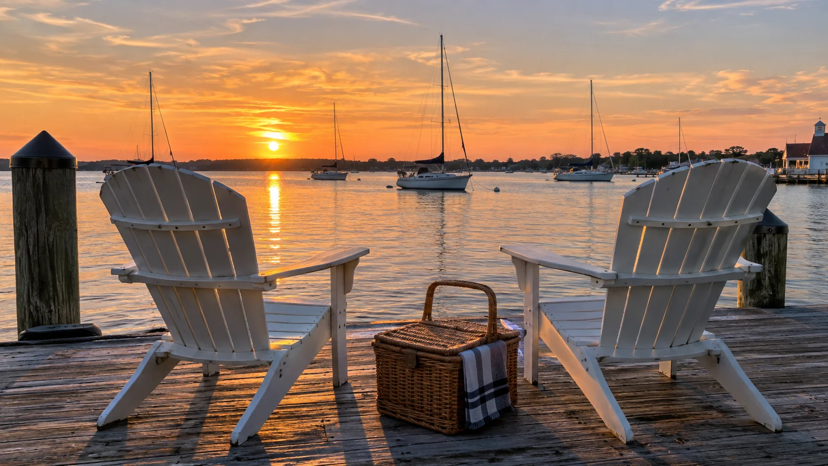 Empty chairs on a St. Michaels dock overlooking Chesapeake sailboats