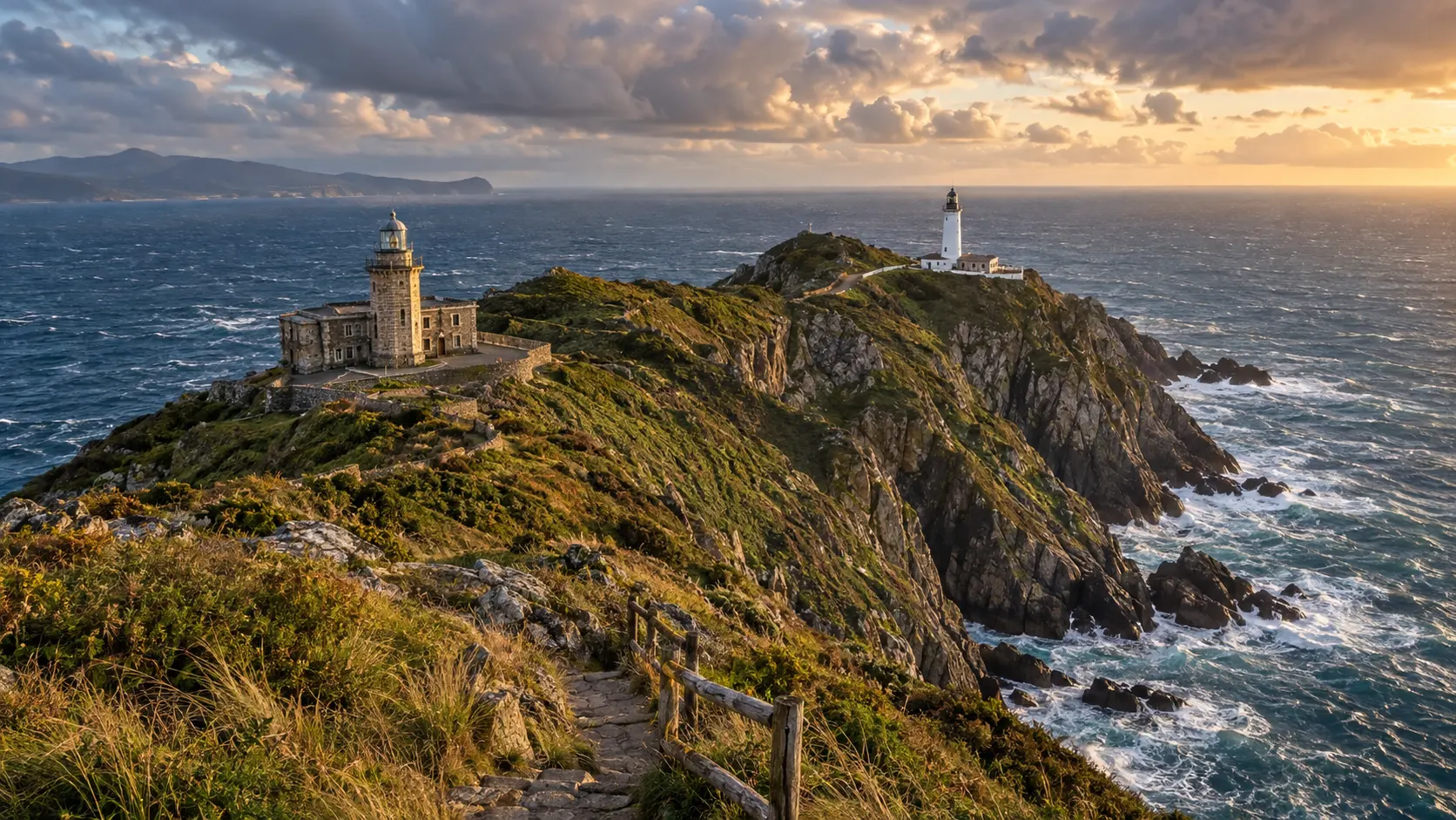 Old stone and newer white Matxitxako lighthouses sharing a rugged Basque headland near Bermeo.