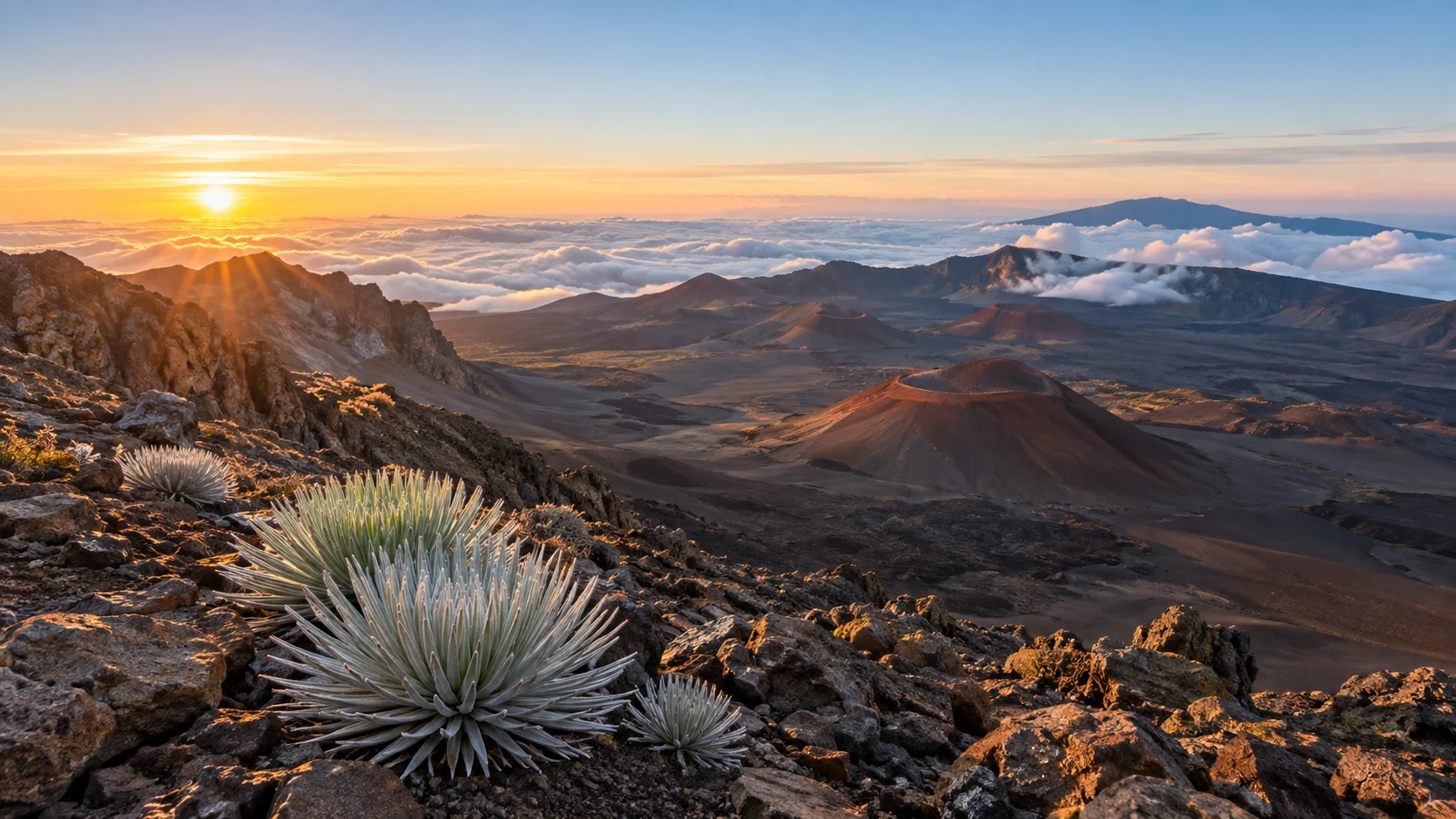Sunrise illuminating the volcanic crater and silverswords atop Haleakalā on Maui.