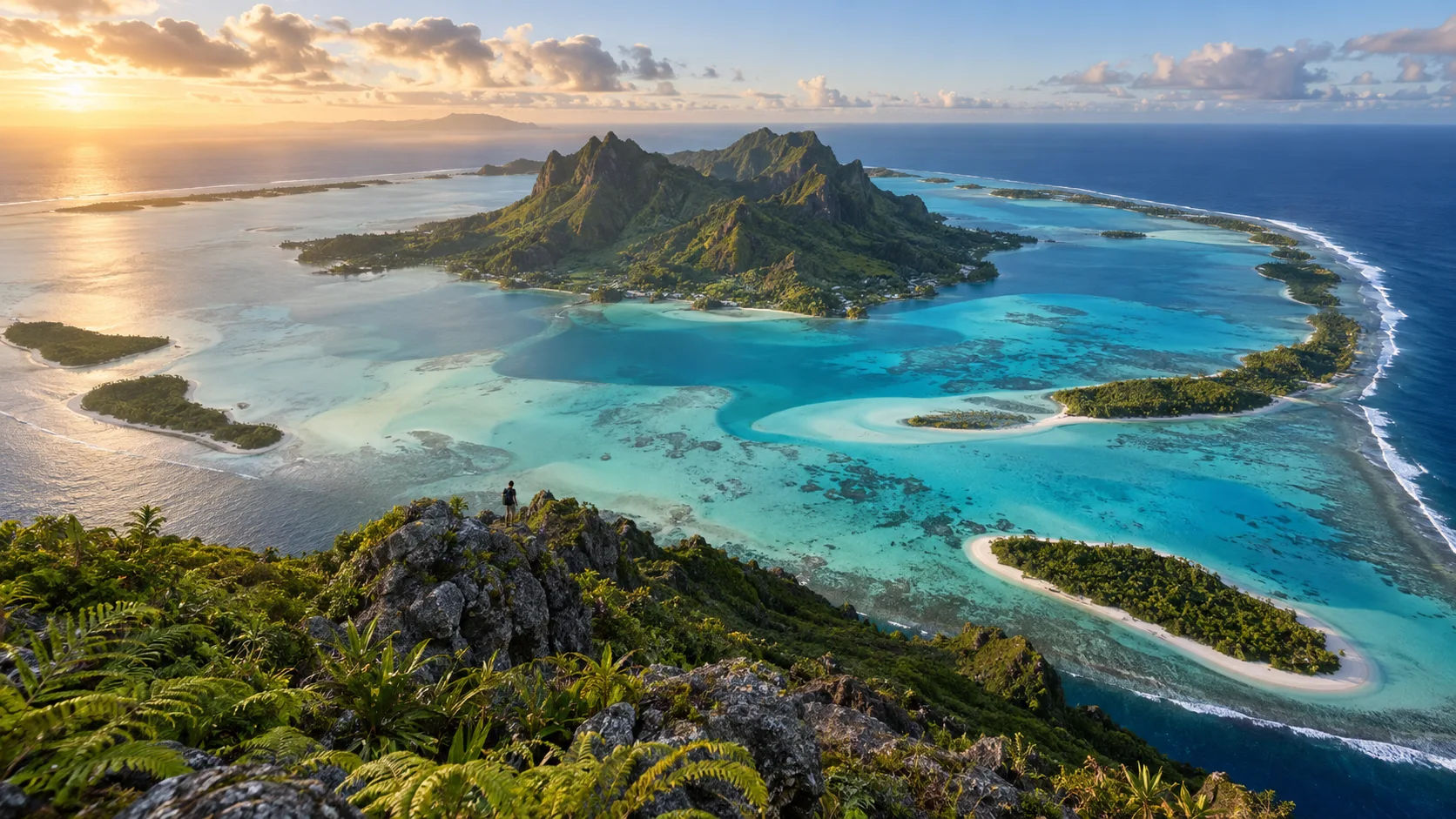 Sunrise panorama from Mount Teurafaatiu over Maupiti's volcanic island, lagoon, reef and motu
