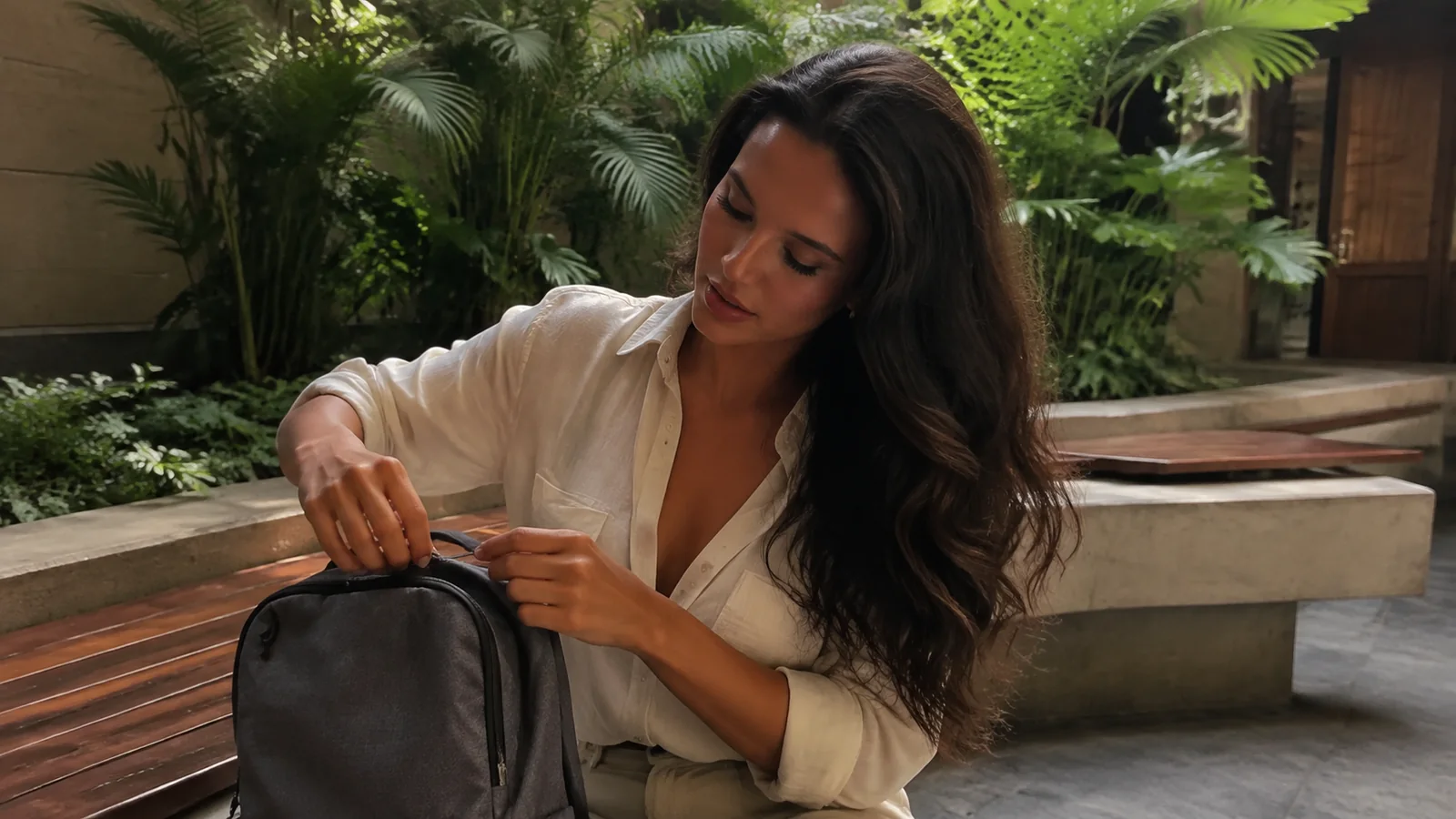 Woman closing a backpack on a bench in a leafy courtyard.