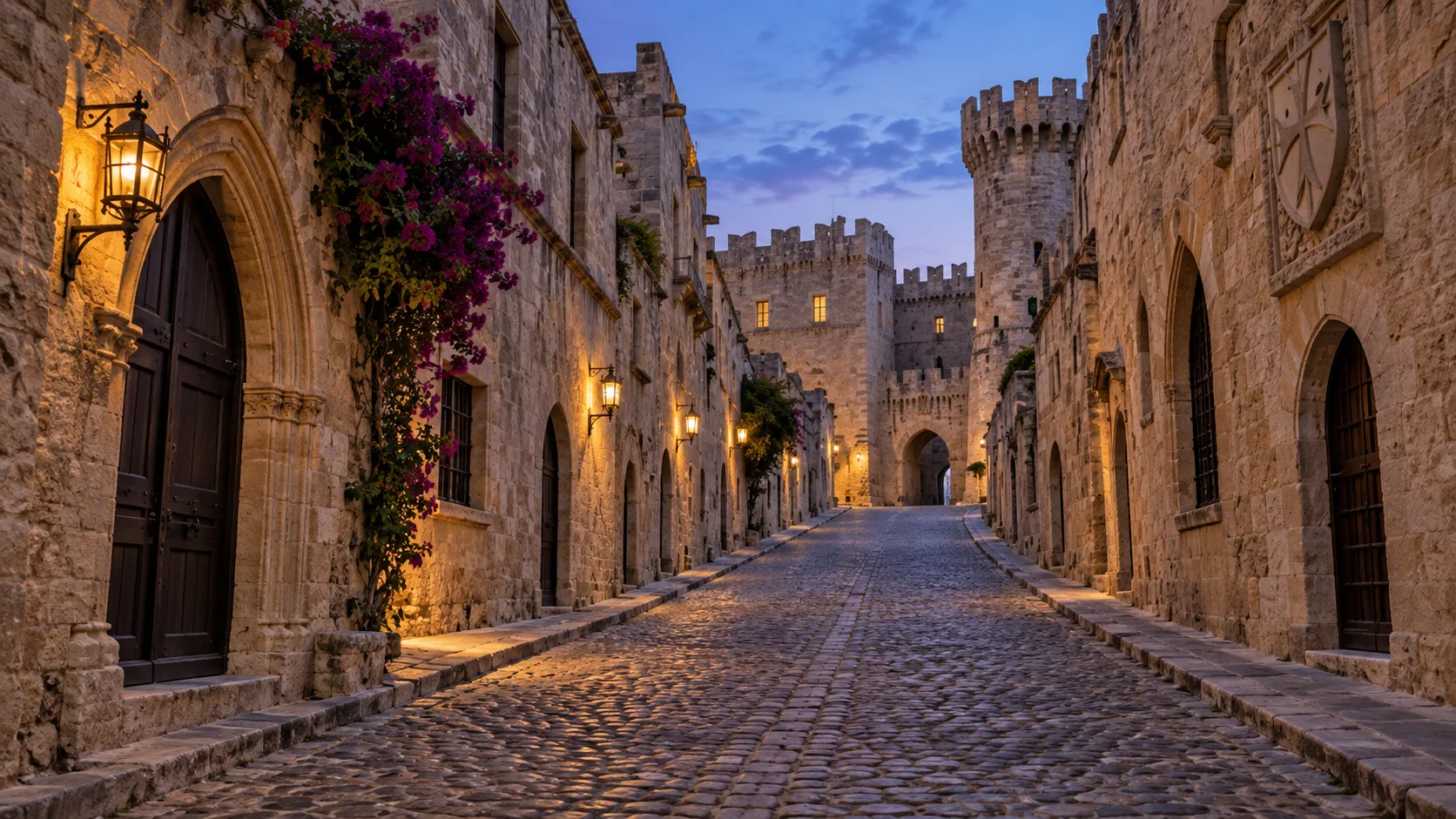 Lantern-lit Street of the Knights leading toward the Palace of the Grand Master in Rhodes