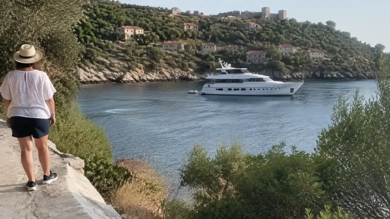 Traveler looks toward a yacht anchored in a sheltered rocky bay.