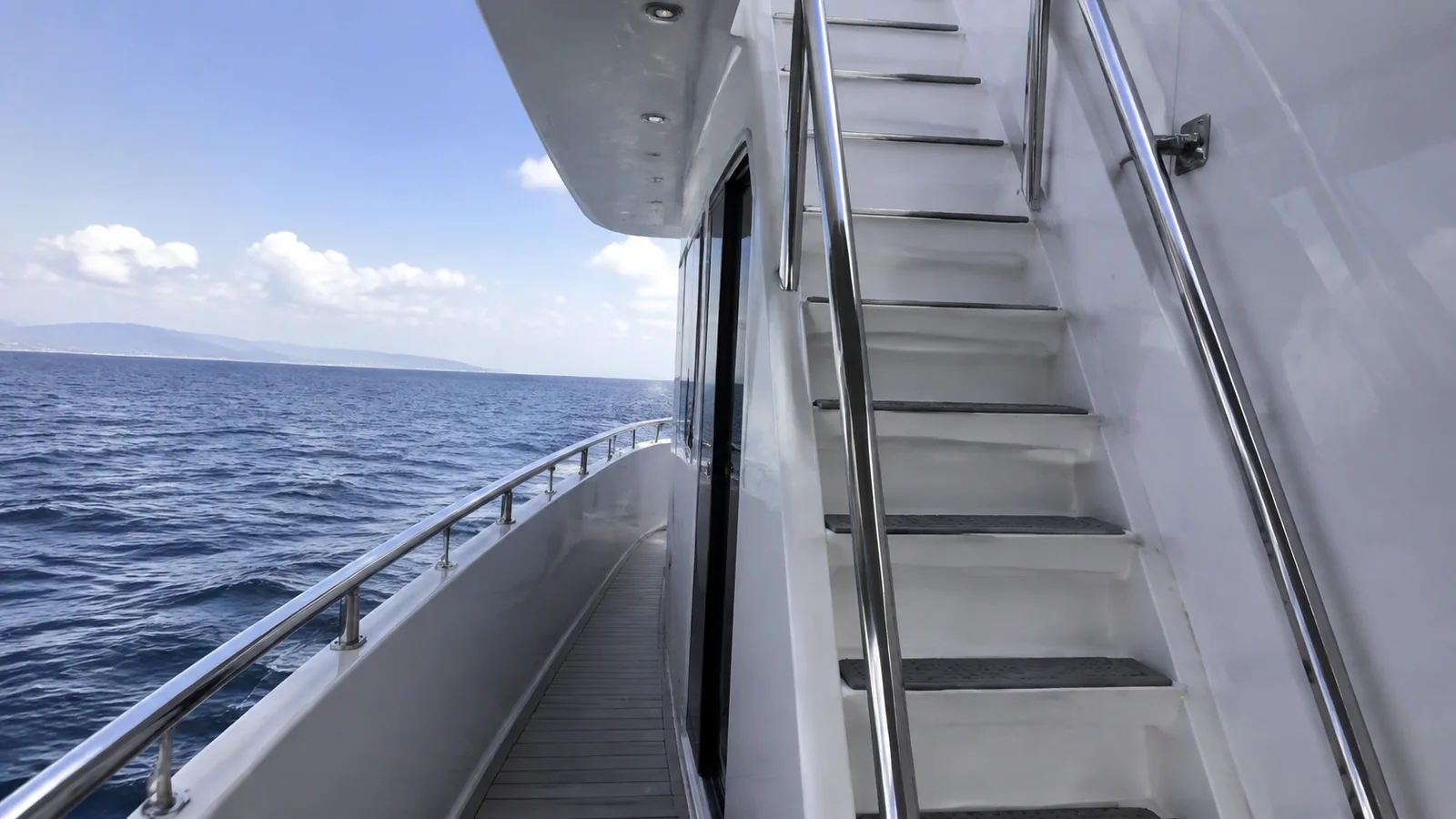 Narrow metal staircase leads between decks on a small ship.