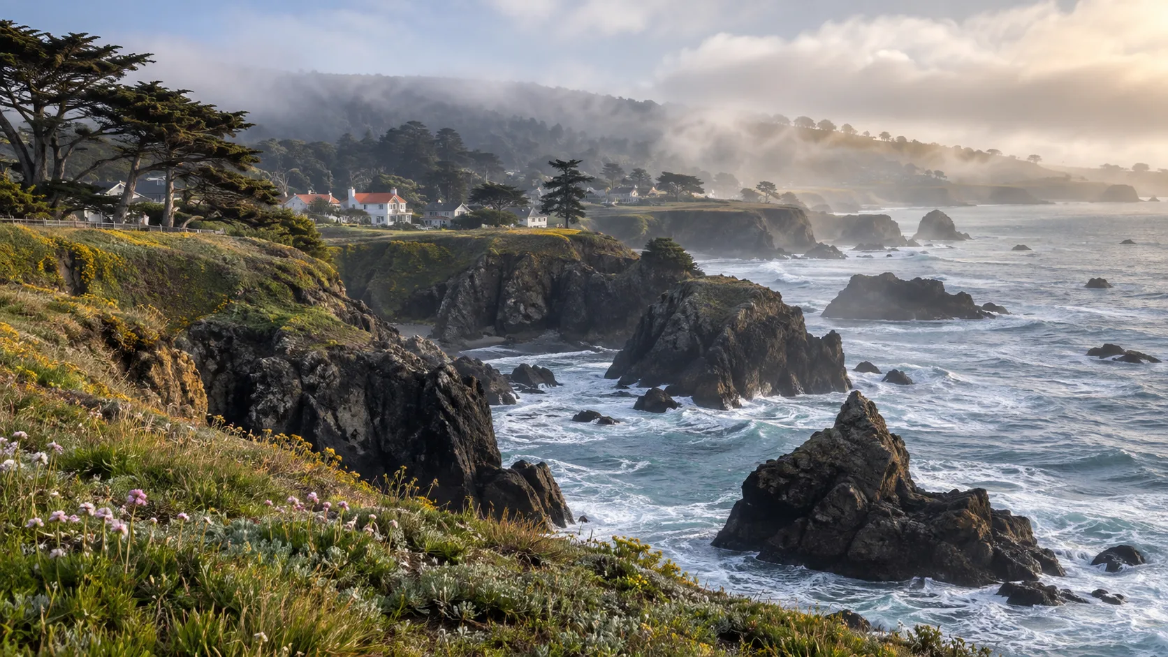 Mendocino Headlands sea stacks, coastal wildflowers and village emerging from morning fog