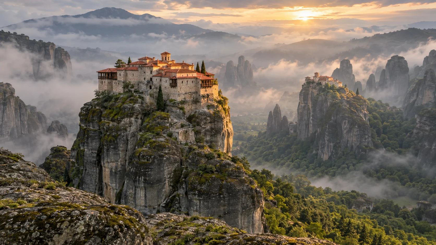 Meteora monasteries perched on towering sandstone pillars above a misty Thessalian valley