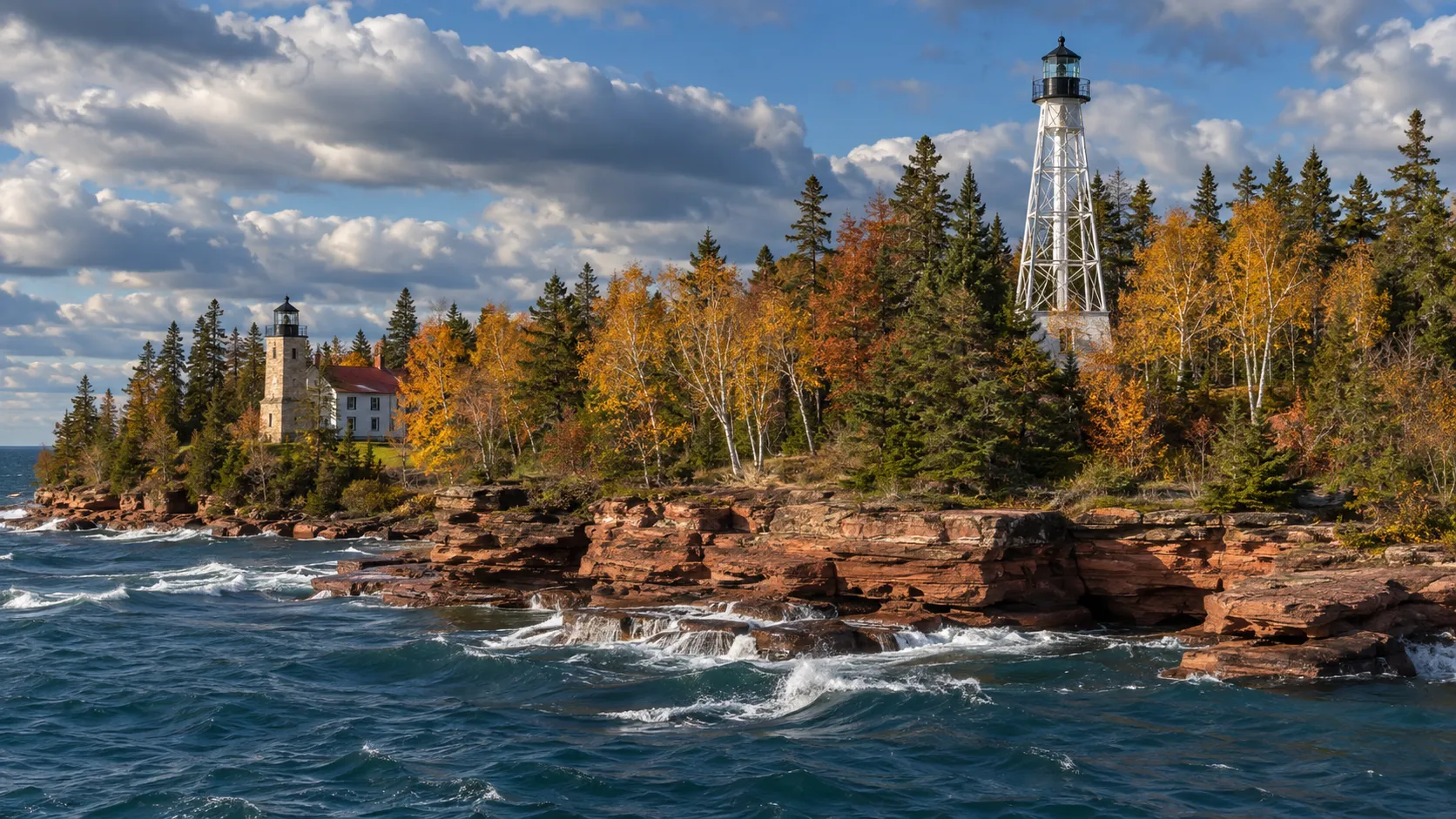 The old masonry and tall skeletal Michigan Island lighthouses rise above autumn forest and sandstone shore.