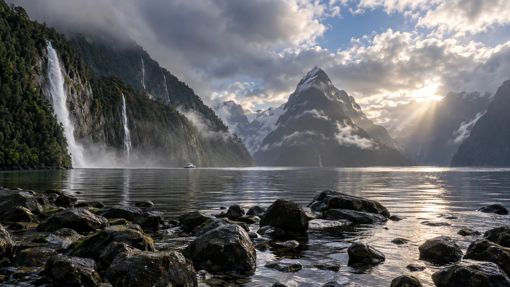 Mitre Peak and rain-fed waterfalls reflected in Milford Sound after rain