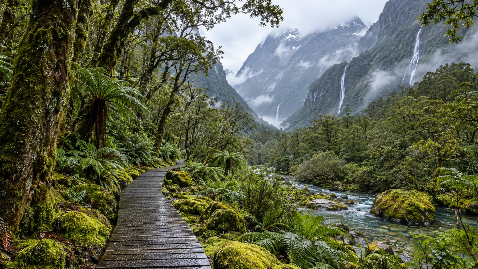 The Milford Track boardwalk winding through misty rainforest in Fiordland, New Zealand.