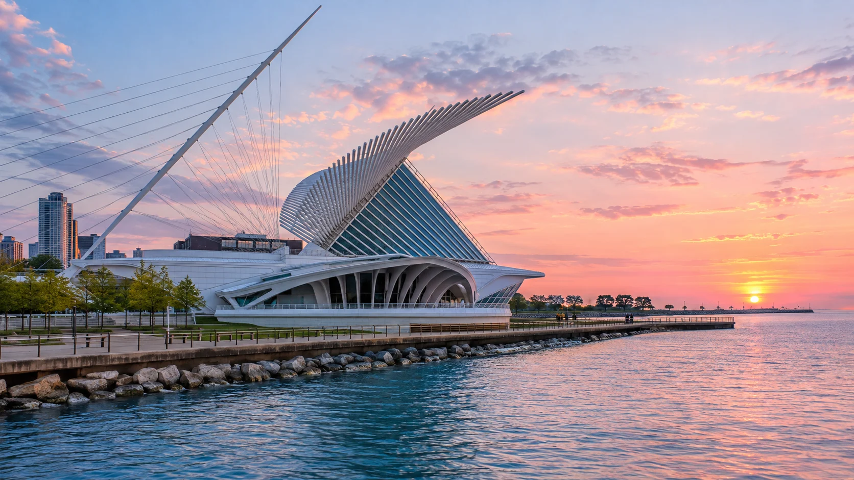 The white wings of the Milwaukee Art Museum rise beside Lake Michigan at sunrise.