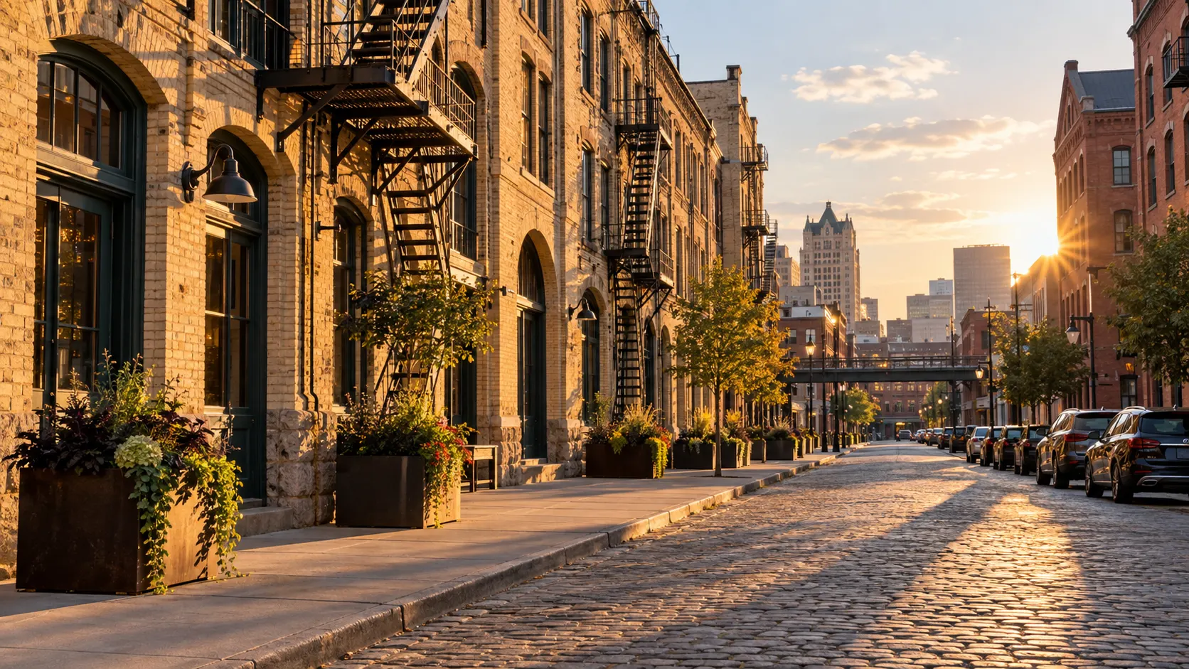 Cream City brick warehouses line a sunlit street in Milwaukee's Historic Third Ward.