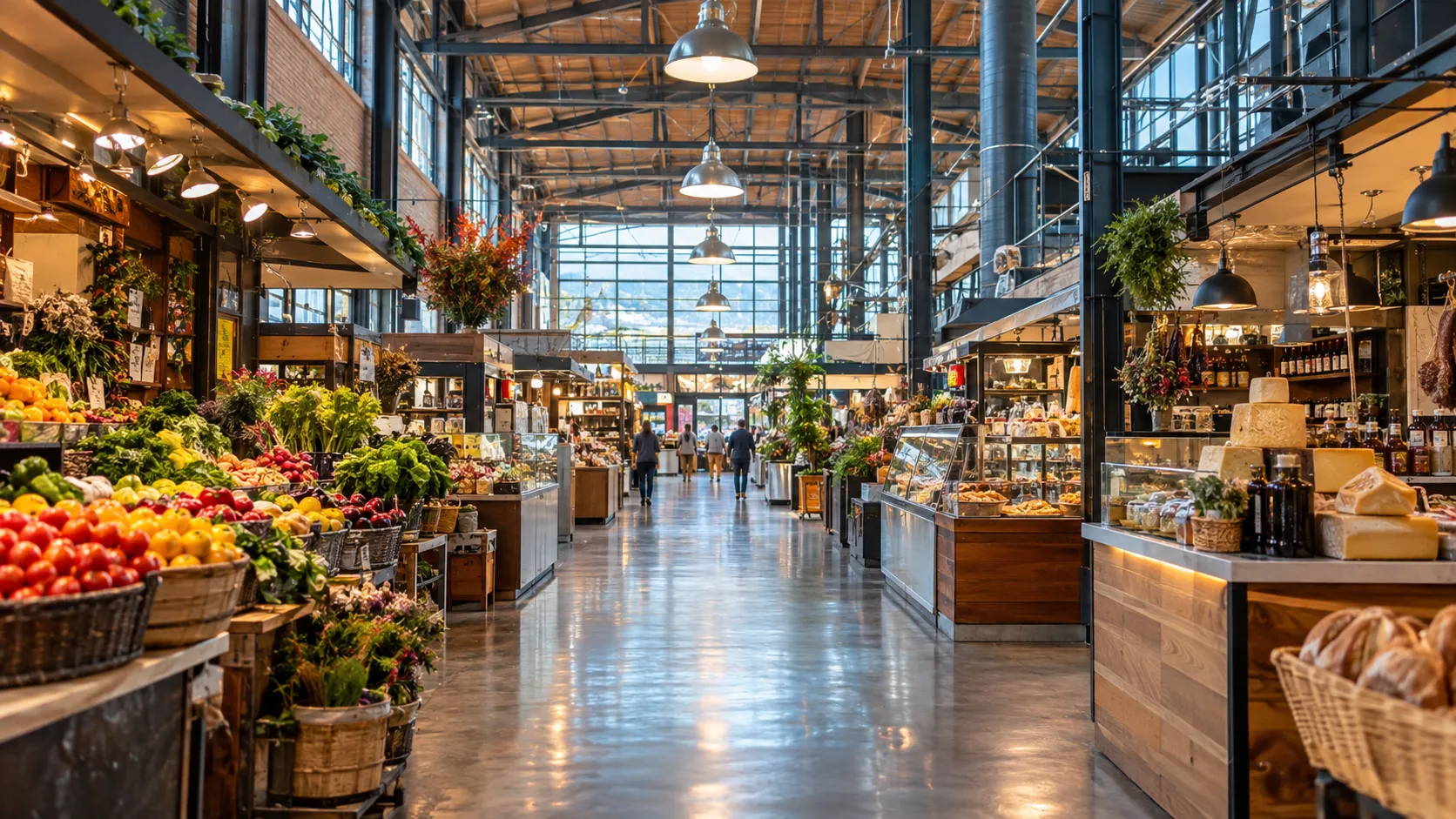 Colorful food stalls fill the bright central aisle of Milwaukee Public Market.