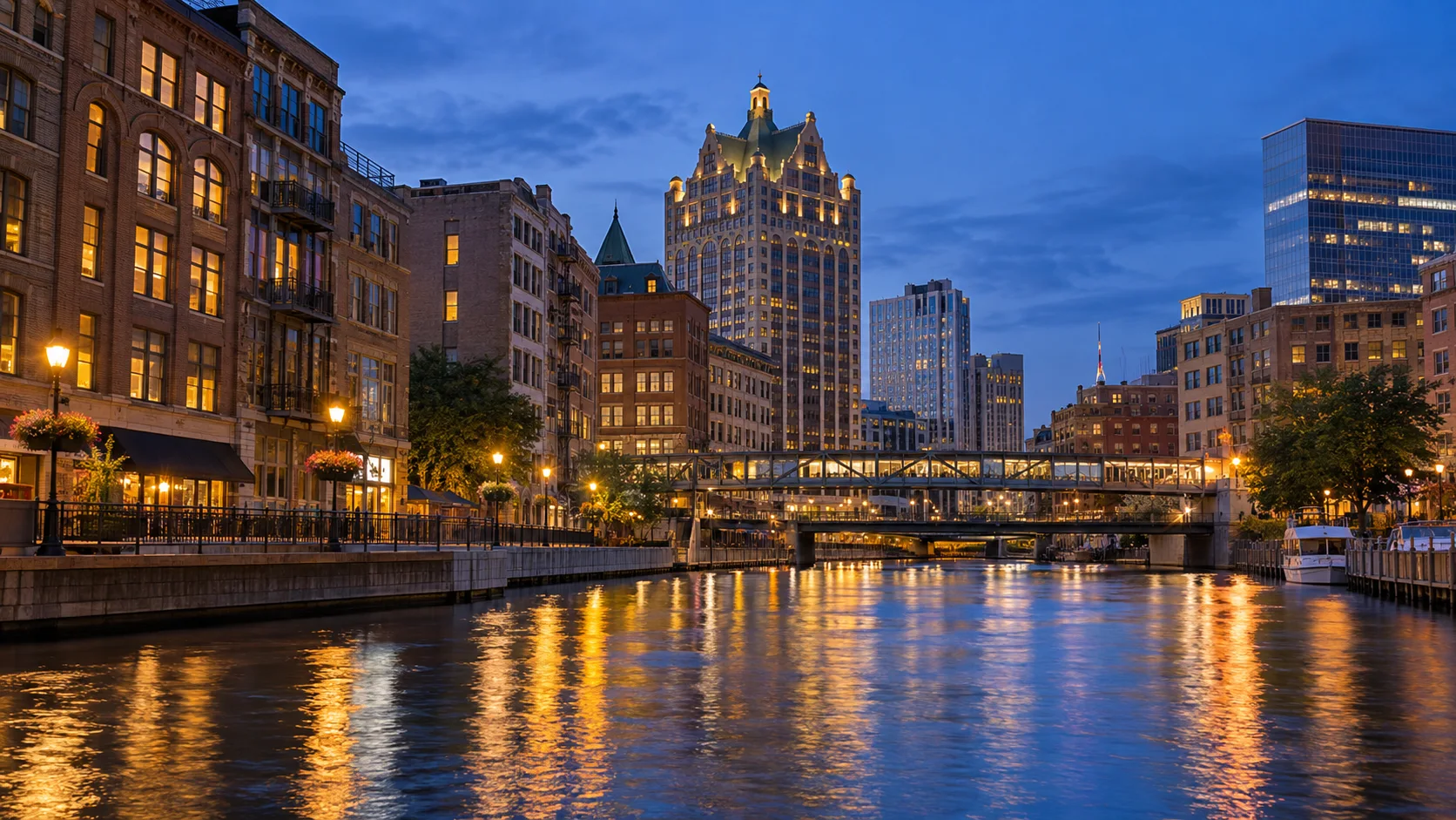 Downtown buildings and pedestrian bridges reflect in the Milwaukee River at blue hour.