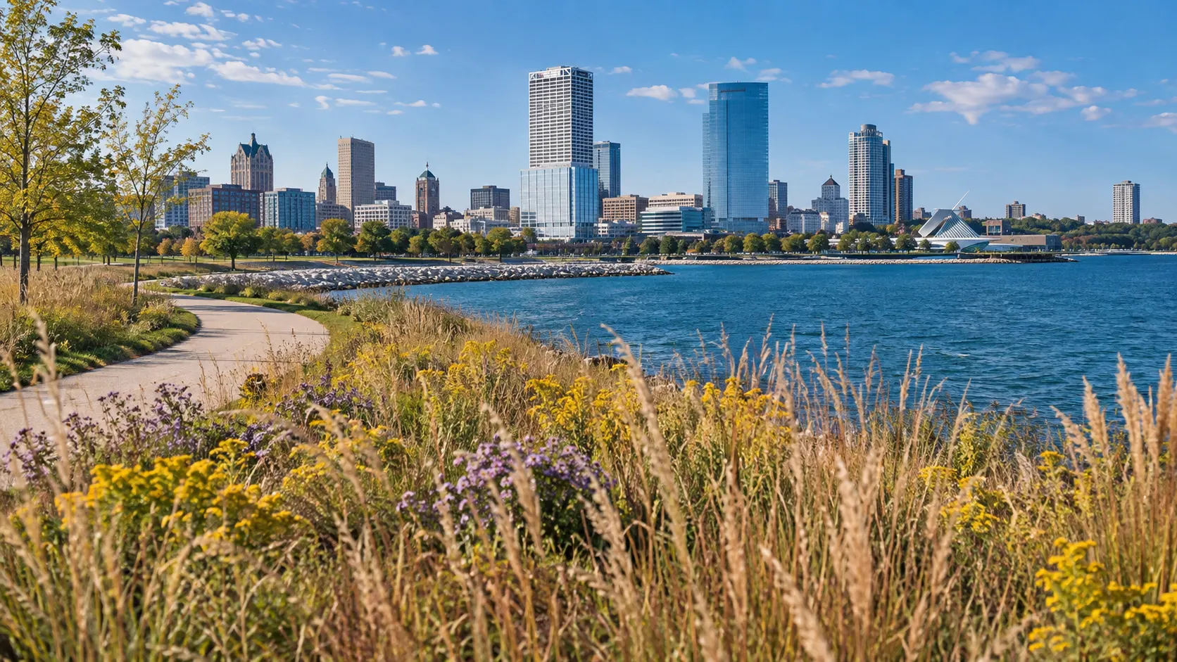Prairie grasses frame Milwaukee's skyline and Lake Michigan from Lakeshore State Park.