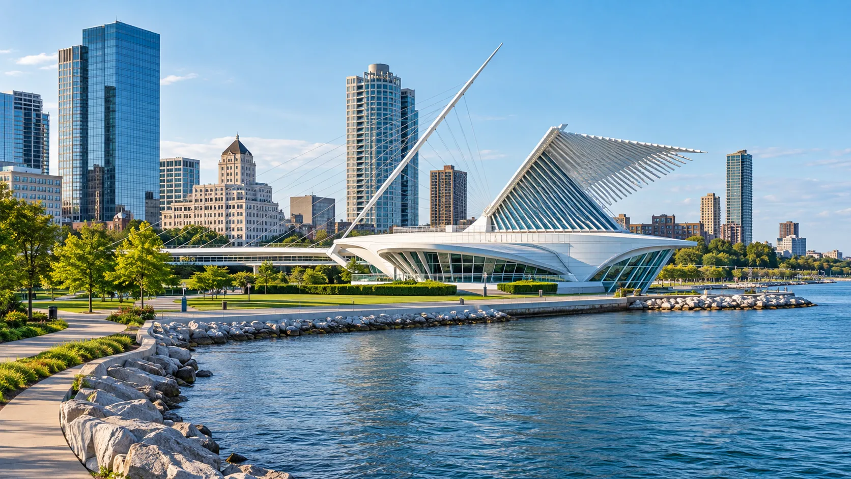 The winged Milwaukee Art Museum rises beside blue Lake Michigan and the downtown skyline.