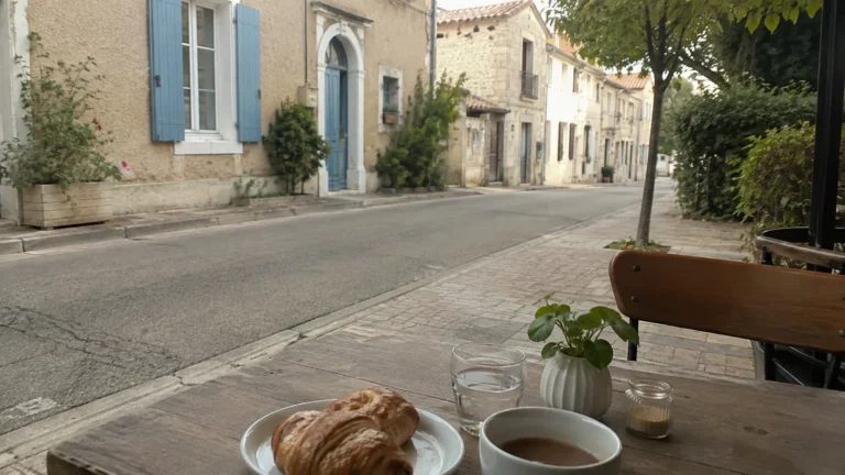 Quiet village street with stone buildings viewed from an outdoor café.