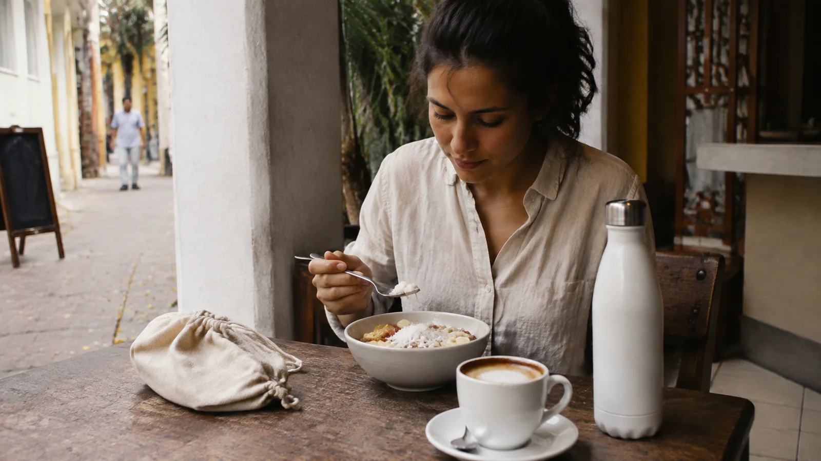 Woman eats breakfast at an outdoor table beside a reusable bottle.