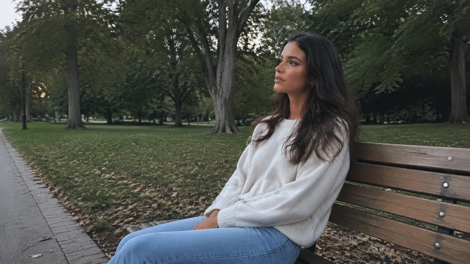 Woman sits on a wooden bench in a leafy park.