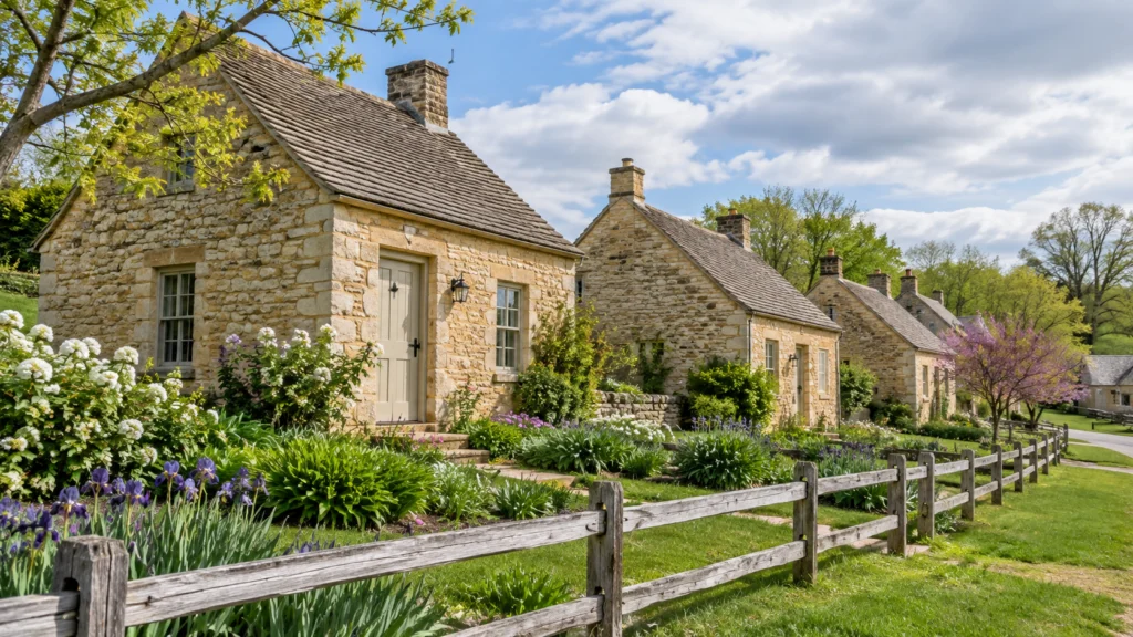 Cornish stone cottages and spring gardens form a peaceful row at the Pendarvis historic site.