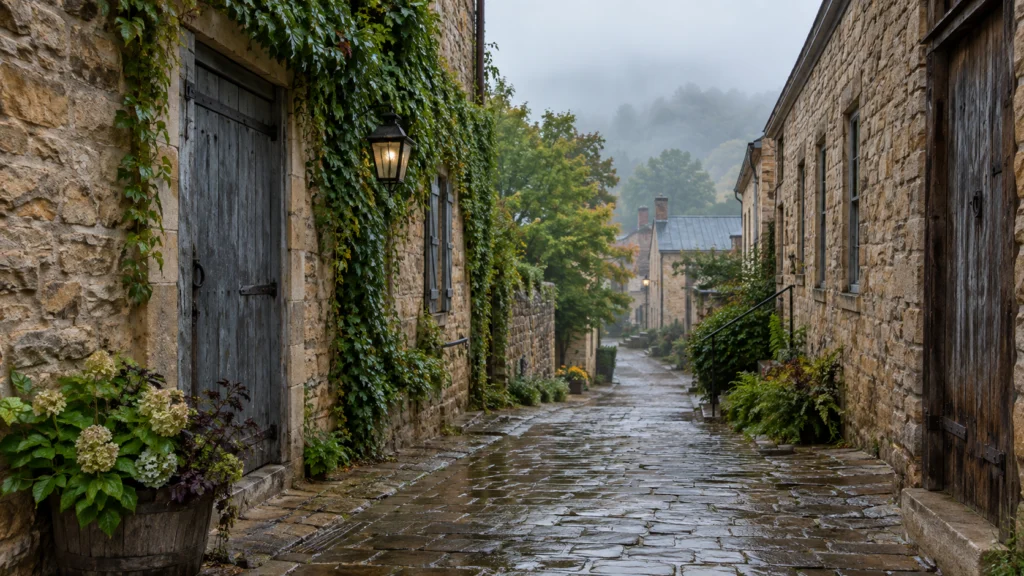 Vines and weathered stone walls enclose a rain-washed historic alley in Mineral Point.