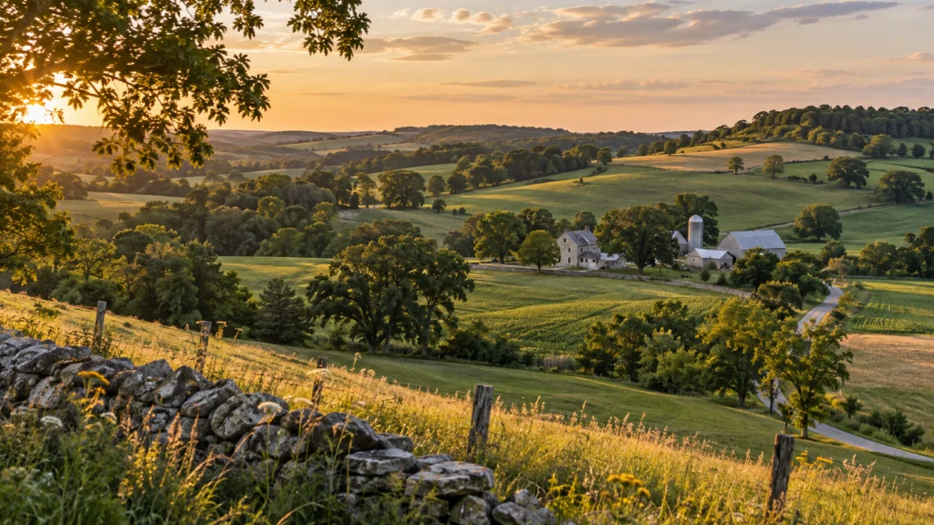 A limestone farmstead sits among rolling green fields outside Mineral Point at golden hour.
