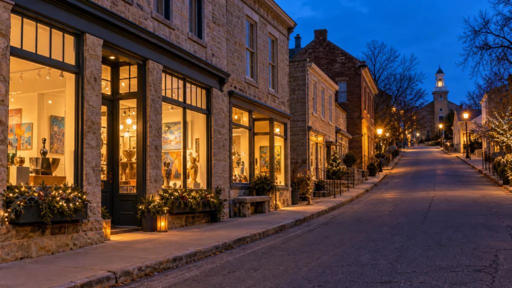 Gallery windows glow along Mineral Point's preserved stone arts district at dusk.