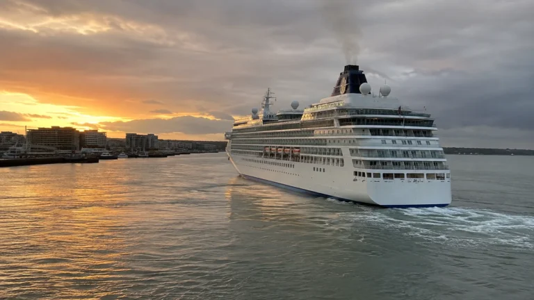 Cruise ship departing a harbor in golden sunset light.