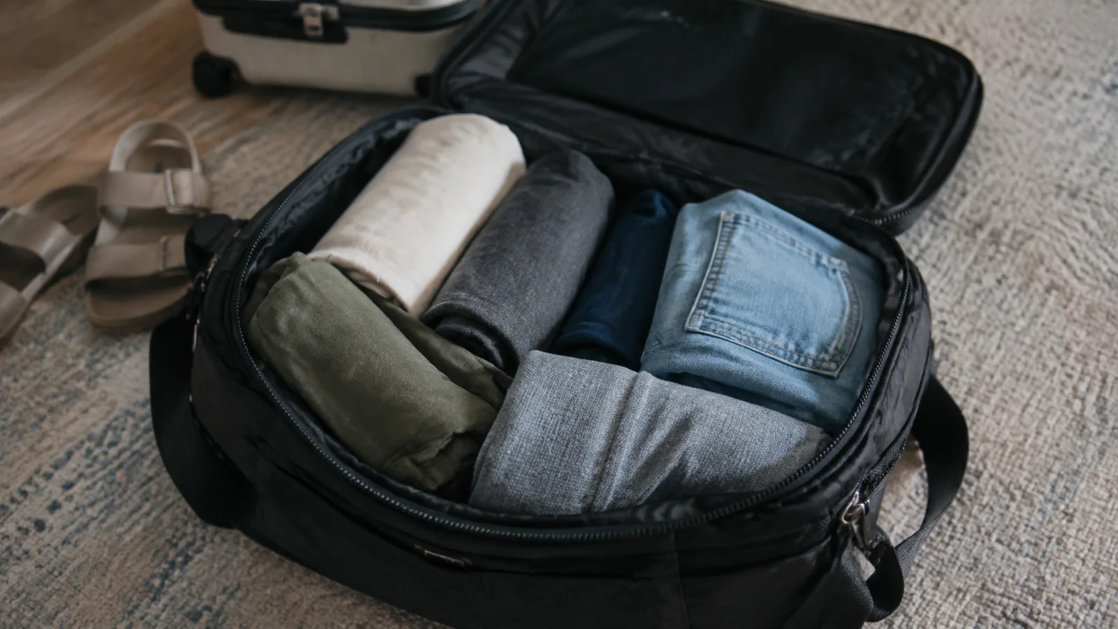 Small travel bag packed with tightly rolled clothing.