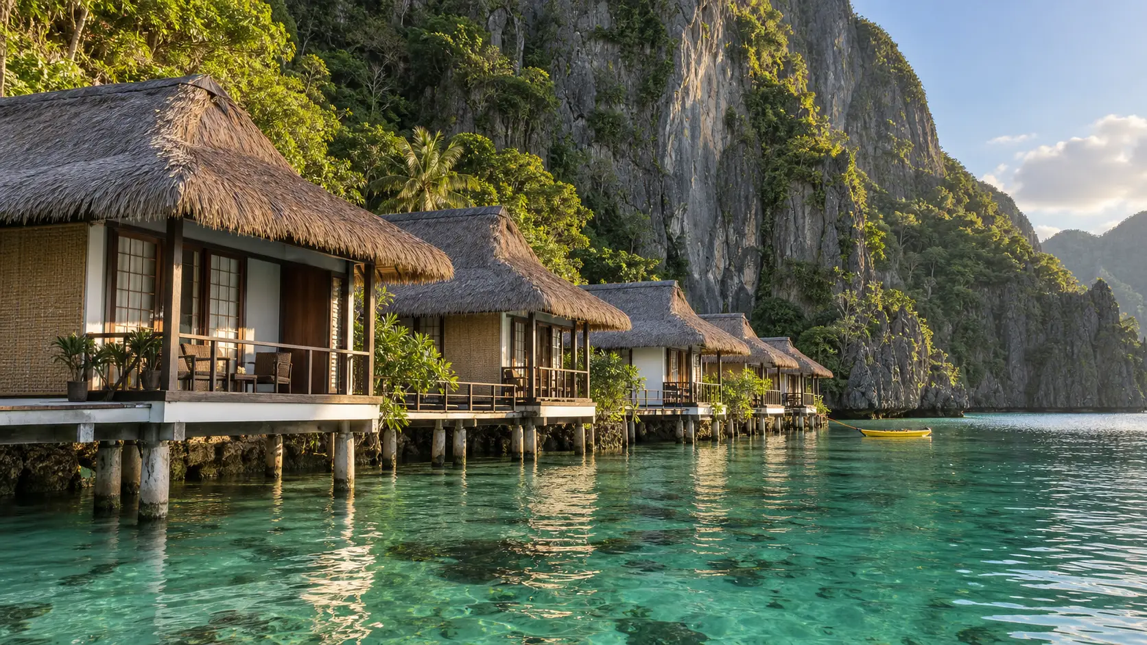 Thatched waterside cottages beneath a towering limestone cliff at Miniloc Island Resort in El Nido.